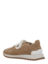 Beige Low Top Sneakers With Monil Detail On The Side And Logo Lettering On The Tongue In Suede Woman