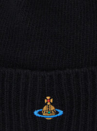 Black Beanie With Orb Patch On The Front And Ribbed Brim In Cashmere Unisex