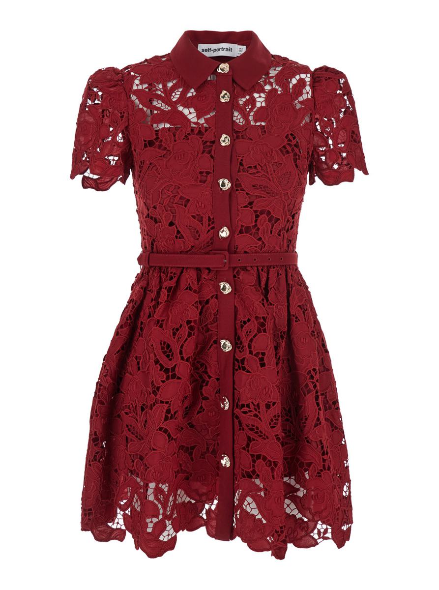 Bordeaux Mini Dress With All-Over Lace Floral Embroidery And Pleated Skirt In Tech Fabric Woman