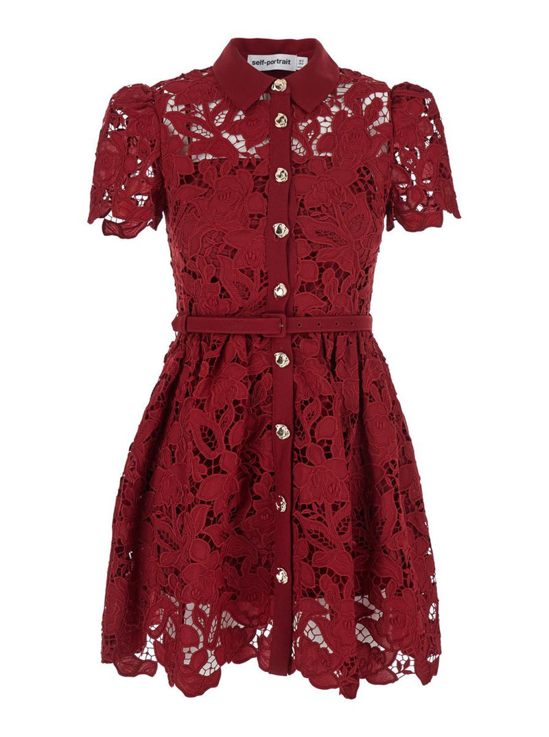 Bordeaux Mini Dress With All-Over Lace Floral Embroidery And Pleated Skirt In Tech Fabric Woman