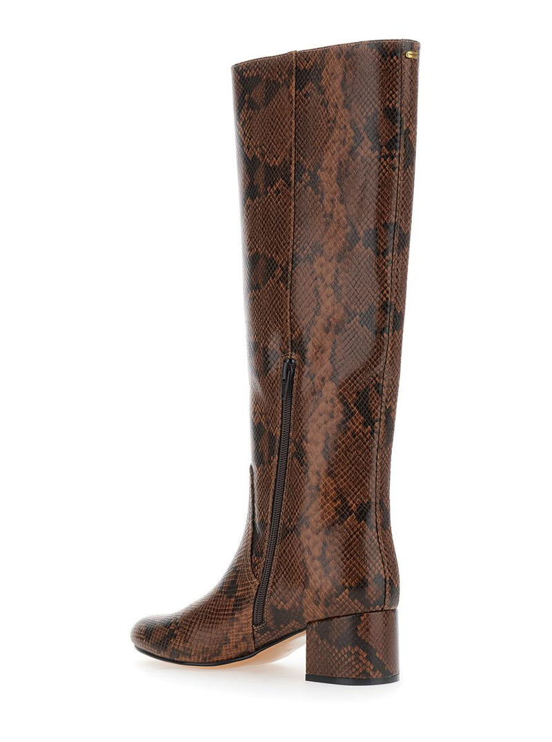 Brown Knee Boots With Python Effect In Leather Woman