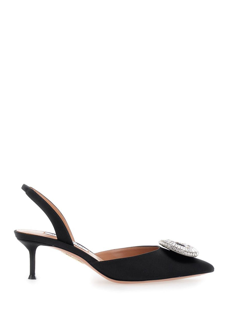 'Crystal Hoop' Black Slingback Pumps With Rhinestoned Embellishment And Kitten Heel In Tech Fabric Woman