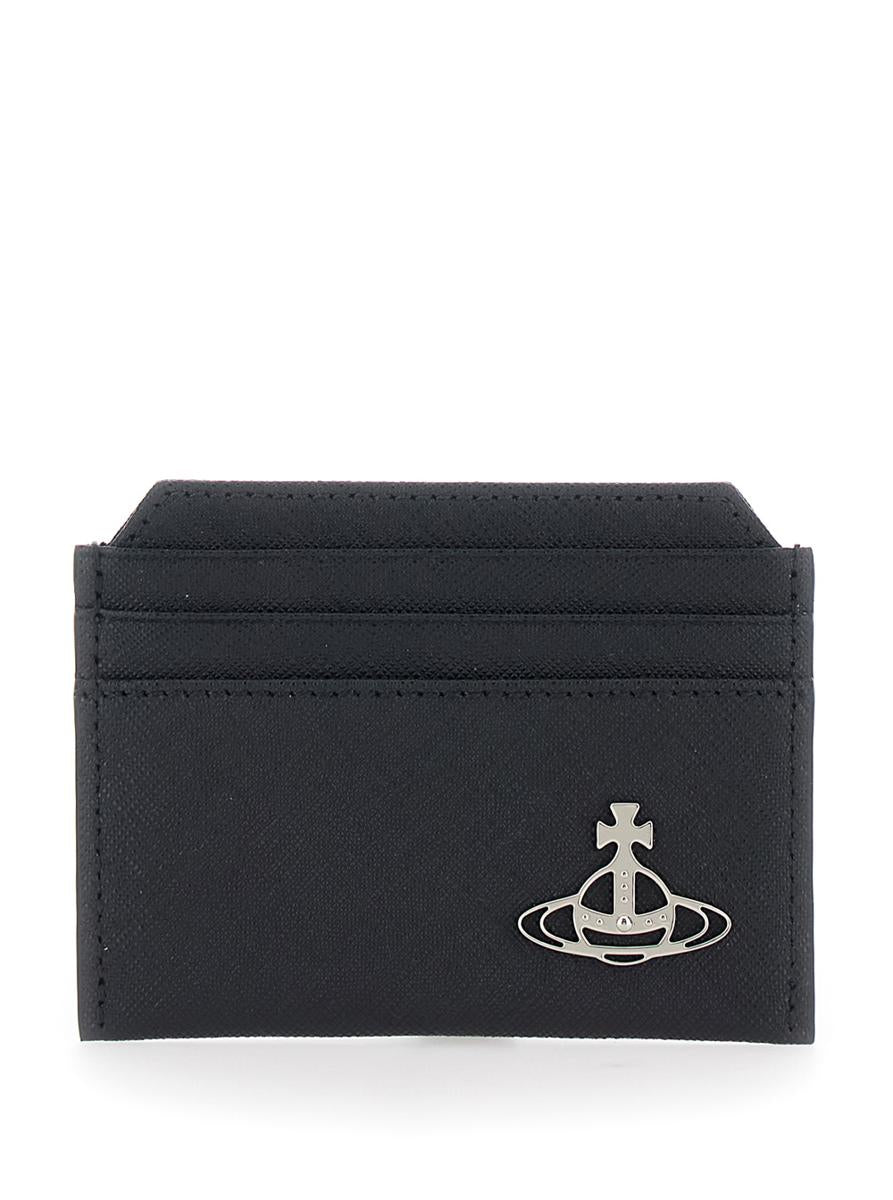 Black Card Holder With Orb Detail On The Front In Grained Leather Woman