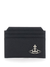 Black Card Holder With Orb Detail On The Front In Grained Leather Woman