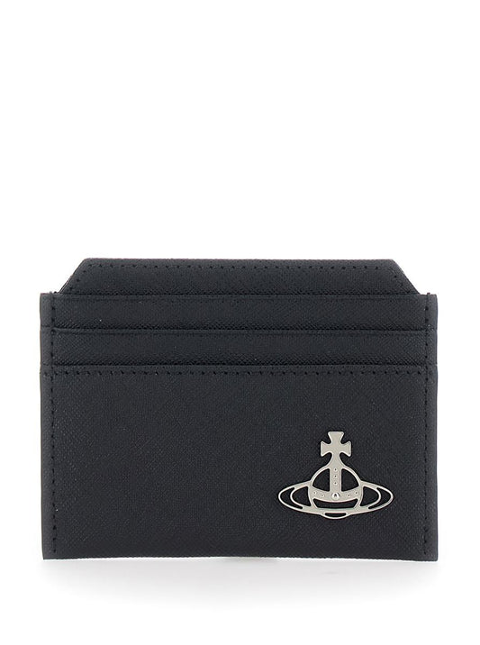 Black Card Holder With Orb Detail On The Front In Grained Leather Woman