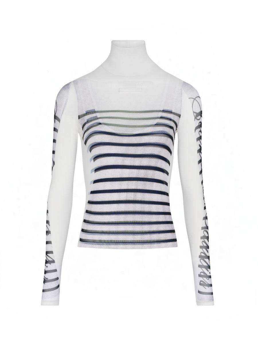 Jean Paul Gaultier Spandex And Mesh Longsleeve Top Printed "Feathers Mariniere" Clothing