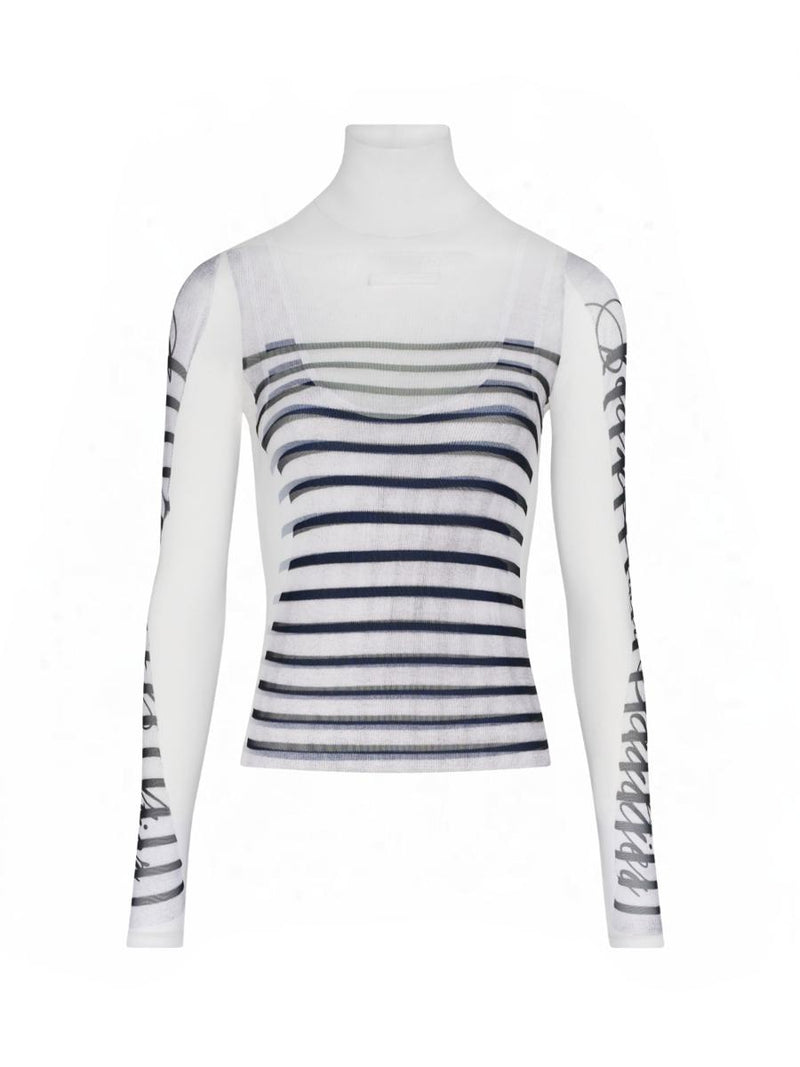 Jean Paul Gaultier Spandex And Mesh Longsleeve Top Printed "Feathers Mariniere" Clothing
