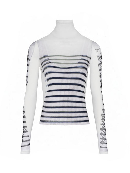 Jean Paul Gaultier Spandex And Mesh Longsleeve Top Printed "Feathers Mariniere" Clothing
