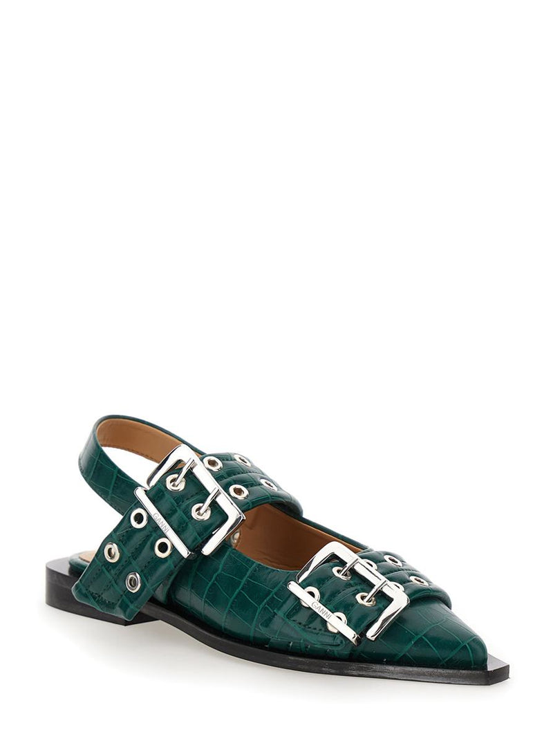 Green Ballet Shoes With Double Buckle And Pointed Design In Leather Woman