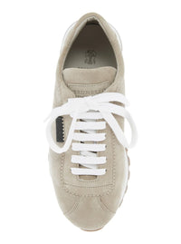 Beige Low Top Sneakers With Monil Detail On The Side And Embossed Logo Lettering On The Rear In Leather Woman