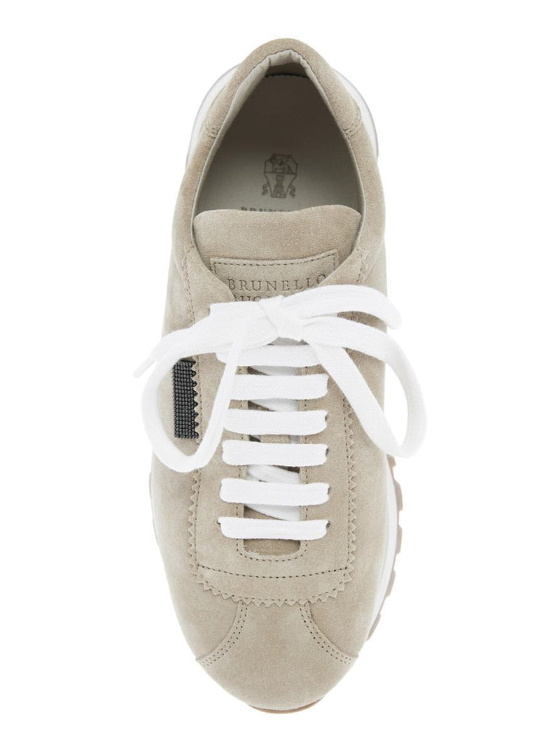 Beige Low Top Sneakers With Monil Detail On The Side And Embossed Logo Lettering On The Rear In Leather Woman