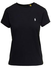 Black Crewneck T-Shirt With Contrasting Logo Embrodery In Cotton Woman