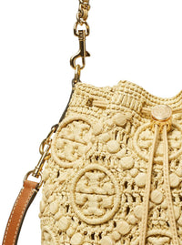 'T Monogram' Beige Crossbody Bag With Logo Embroidery And Chain-Link Handle In Raffia Woman