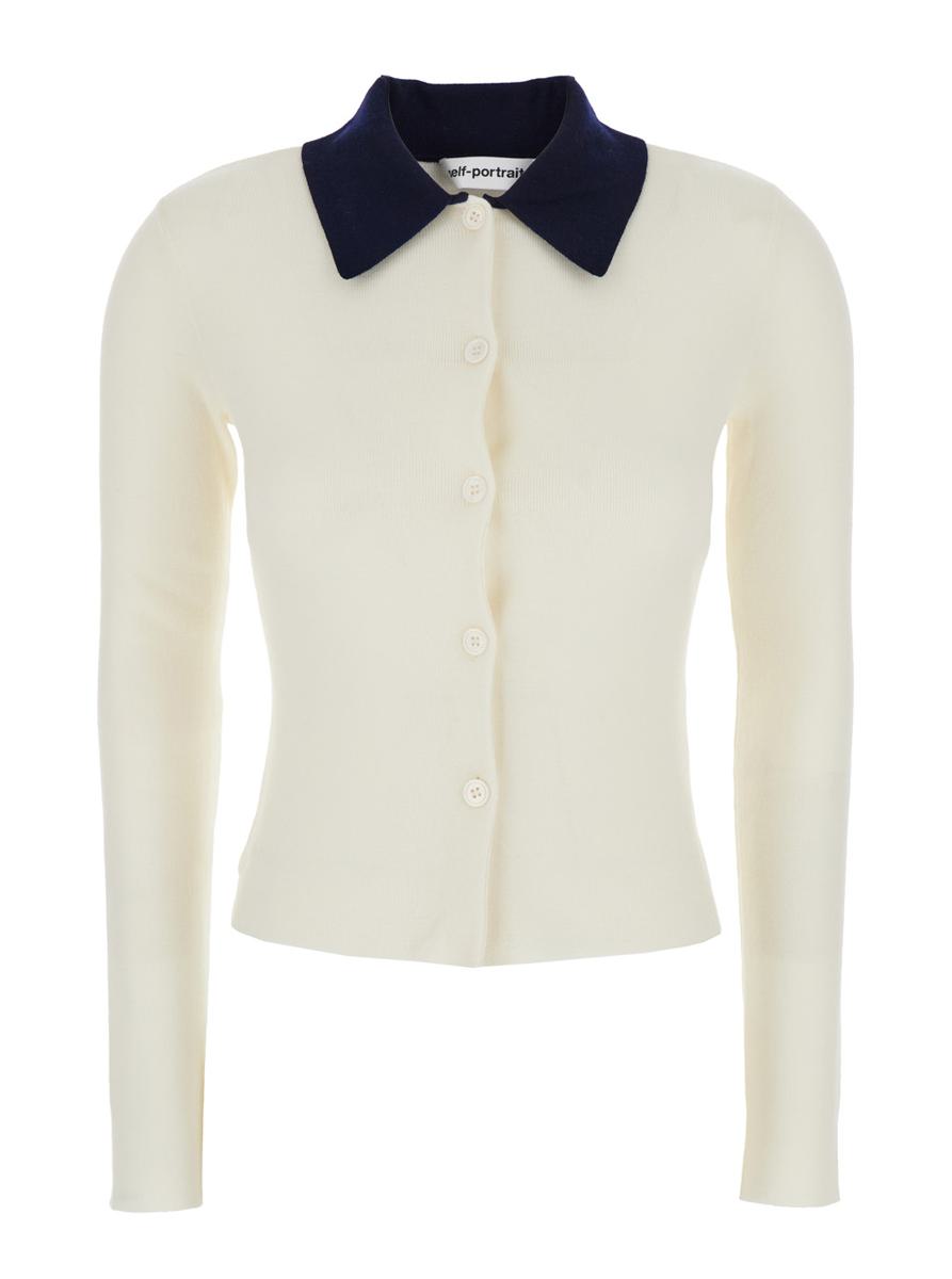 White Cropped Cardigan With Contrasting Collar And Tonal Button Closure In Wool Woman
