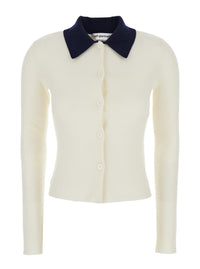 White Cropped Cardigan With Contrasting Collar And Tonal Button Closure In Wool Woman