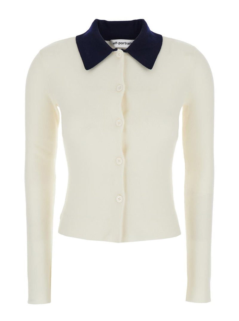 White Cropped Cardigan With Contrasting Collar And Tonal Button Closure In Wool Woman
