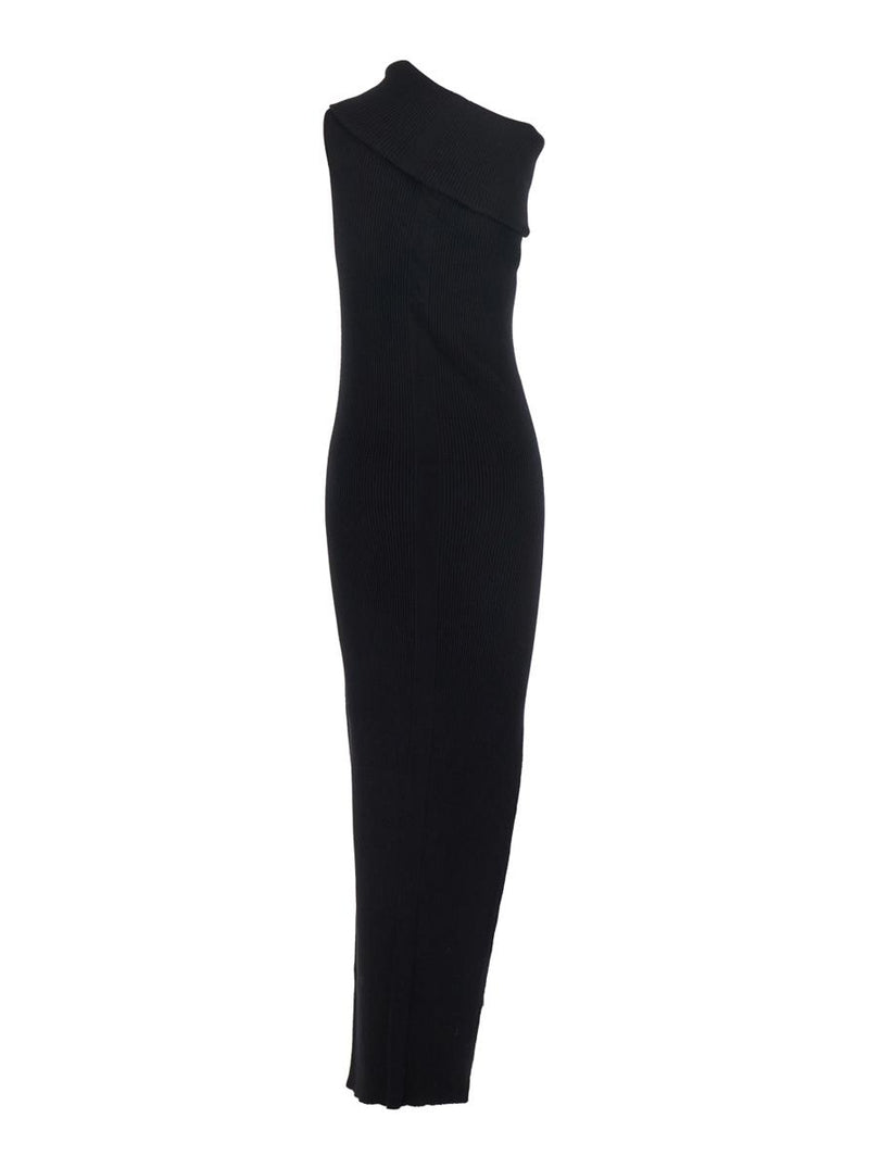'Athena' Black Ribbed Knit Sleeveless Asymmetric Long Dress With Wide Neckline In Viscose Blend Woman