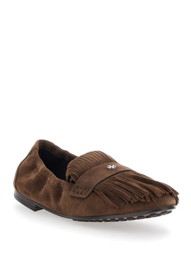 Brown Loafers With Fringe And Metallic Logo In Suede Woman