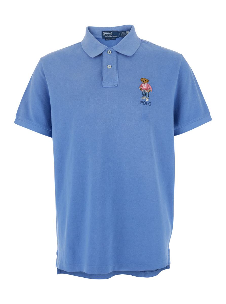 "Custom Slim Fit" Blue Polo Shirt With Classic Collar And Polo Bear Embroidery On The Front In Cotton Man