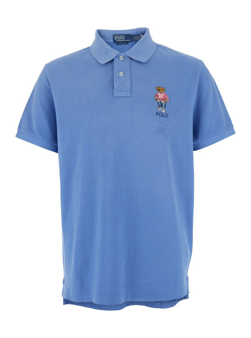 "Custom Slim Fit" Blue Polo Shirt With Classic Collar And Polo Bear Embroidery On The Front In Cotton Man