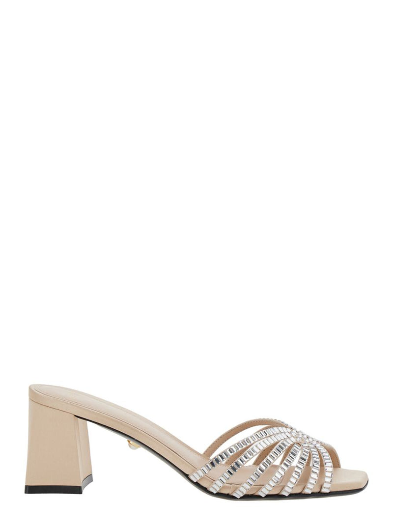'Vittoria' Metallic Rhinestoned Sandals With Block Heel In Leather Woman