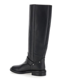 Black Knee Boots With V-Lateral Detailing In Leather Woman