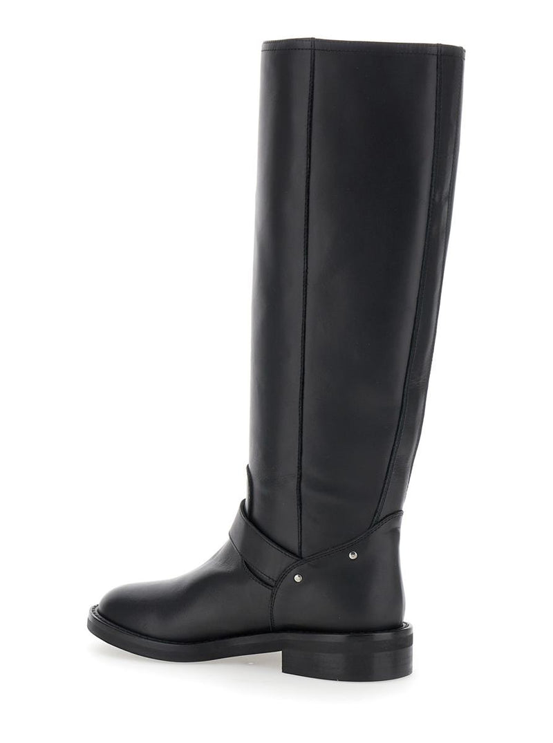 Black Knee Boots With V-Lateral Detailing In Leather Woman