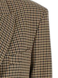 Brown Single-Breasted Jacket With All-Over Check Motif In Wool Woman