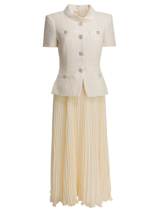 Self-Portrait Boucle Midi Dress With Pleated Skirt