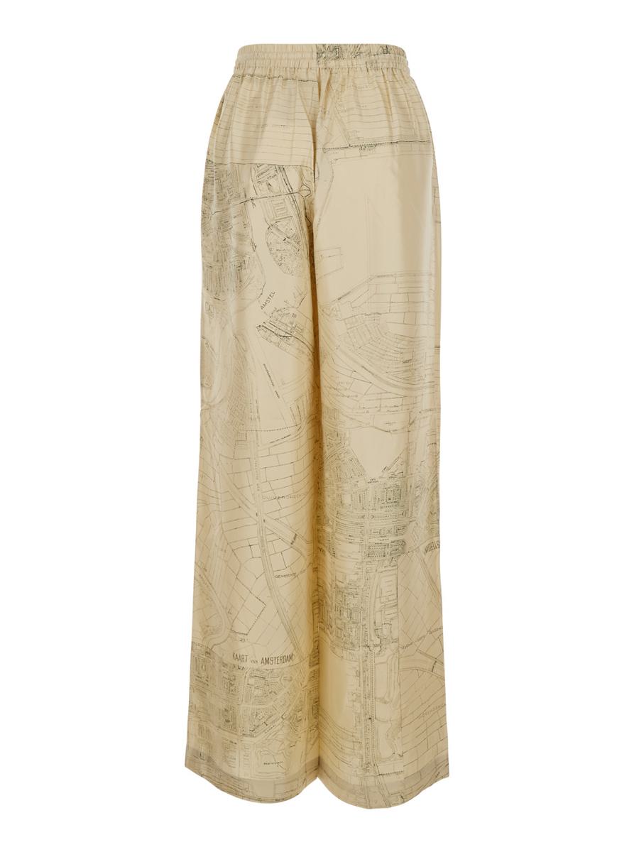 Beige Pants With Wide Leg And All-Over Print In Silk Woman
