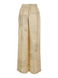 Beige Pants With Wide Leg And All-Over Print In Silk Woman