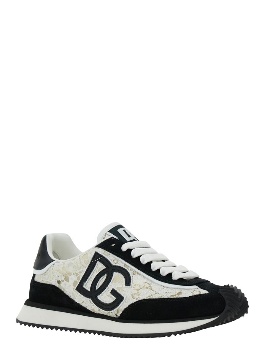 Black And White Low Top With Lace Details And Dg Patch On The Side In Fabric And Suede Blend Woman