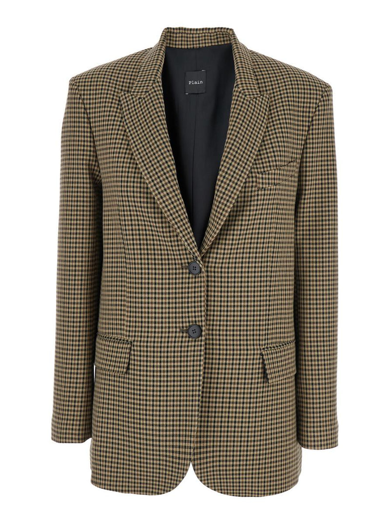 Brown Single-Breasted Jacket With All-Over Check Motif In Wool Woman