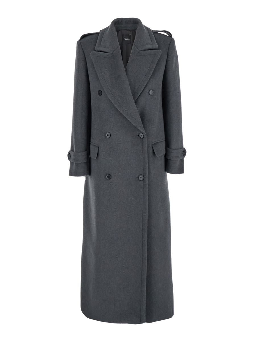 Grey Double-Breasted Coat With Wide Notched Revers In Wool Woman
