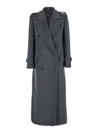 Grey Double-Breasted Coat With Wide Notched Revers In Wool Woman