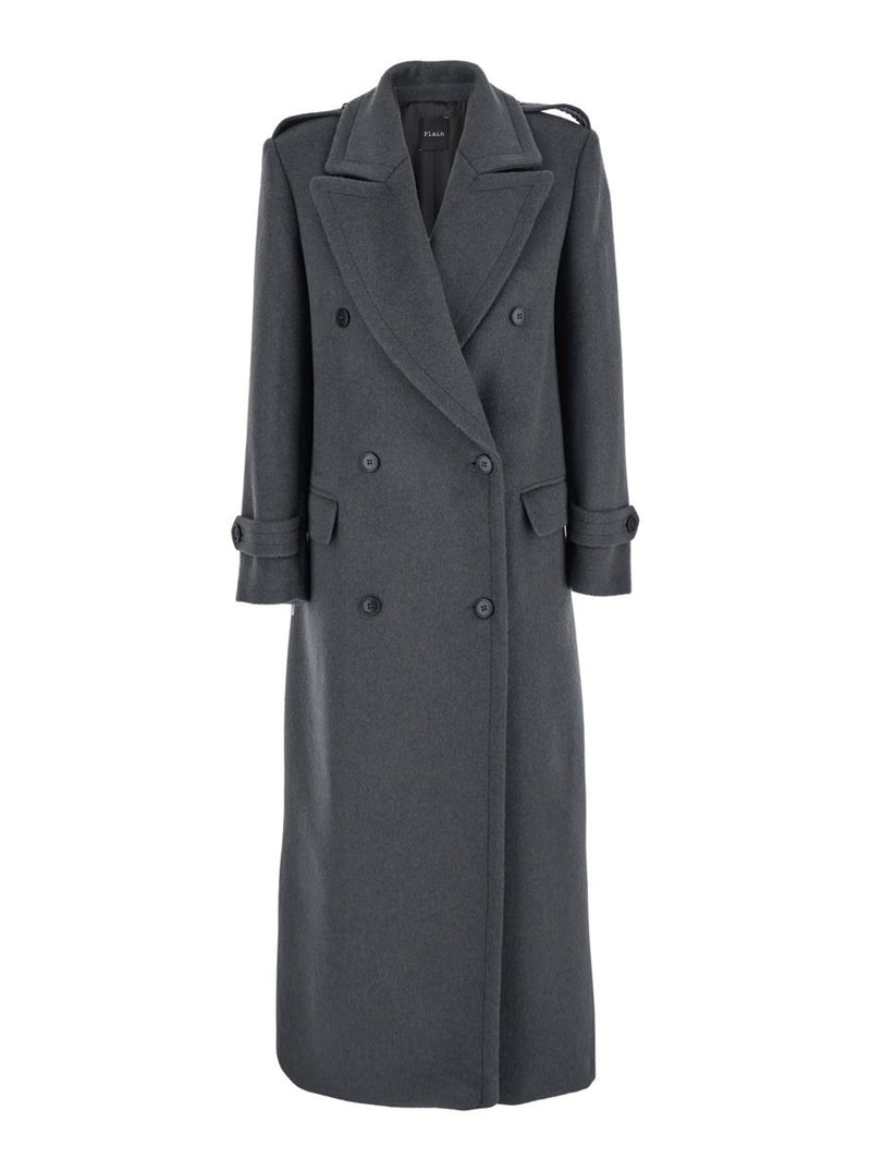 Grey Double-Breasted Coat With Wide Notched Revers In Wool Woman