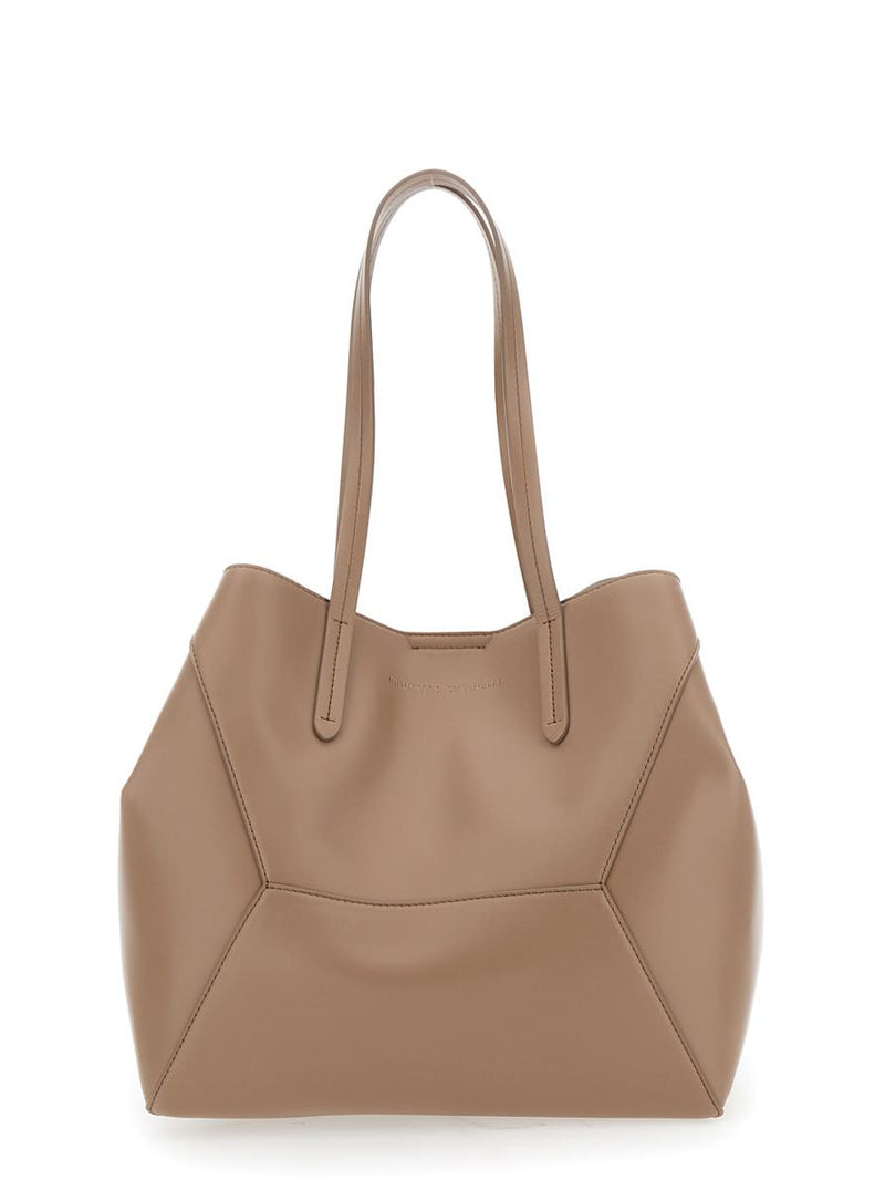 Beige Tote Bag With Logo Lettering On The Front And Geometric Panels Design In Leather Woman