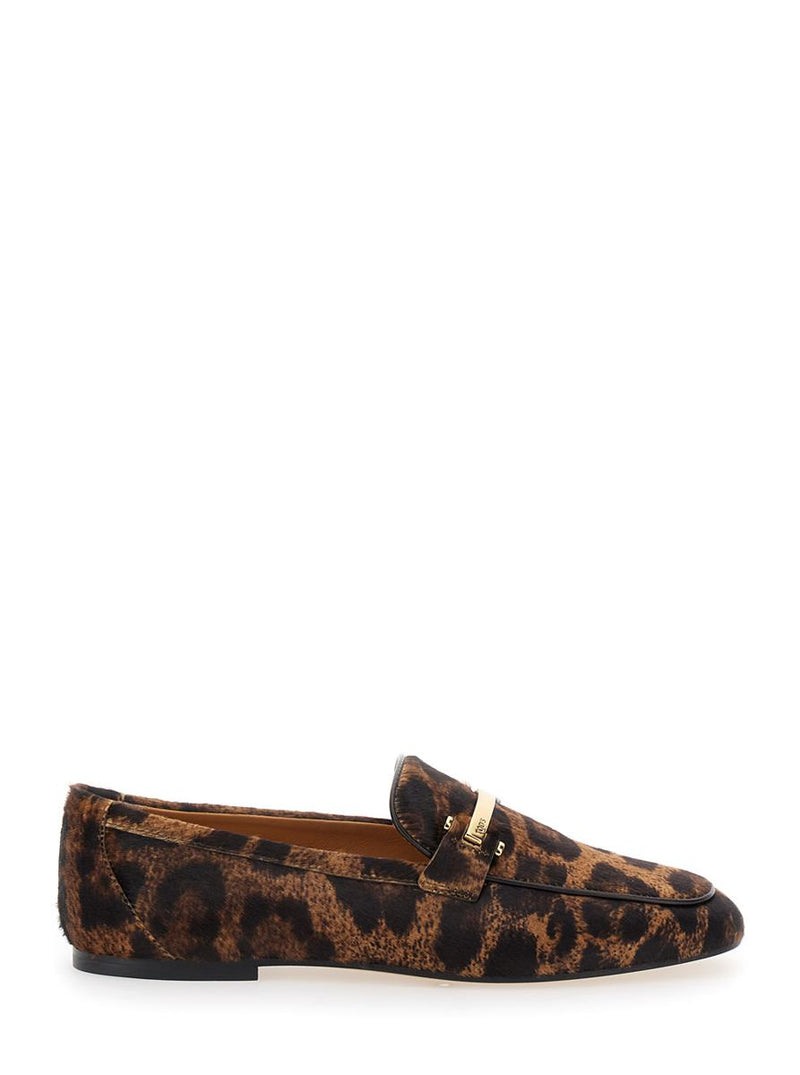 Brown Loafers With Logo Plaque On The Front And All-Over Leopard Motif In Suede Woman