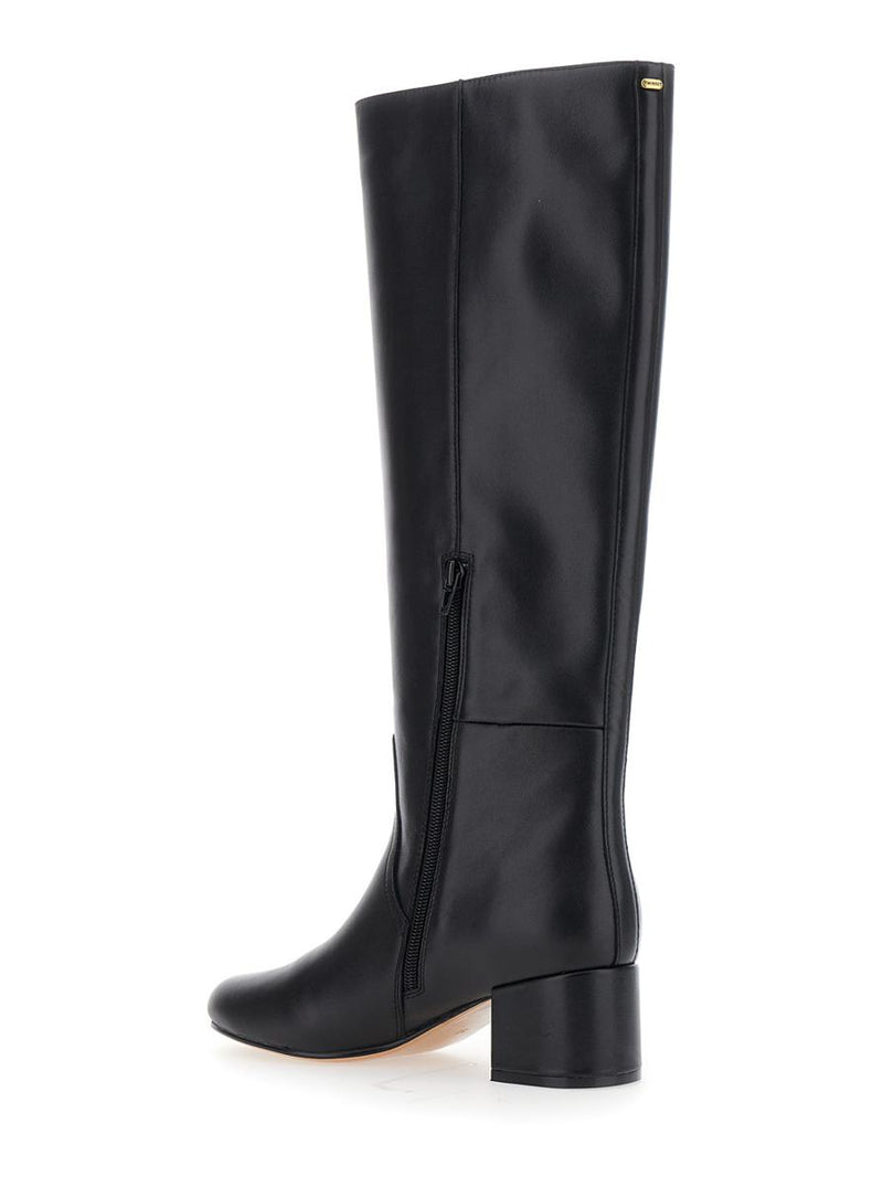 Black Knee High Boots With Round Toe In Leather Woman