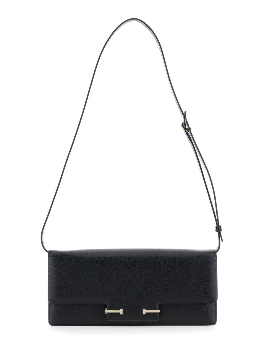 Black Crossbody Bag With Adjustable Shoulder Strap And T Plaque Closure In Grained Leather Woman