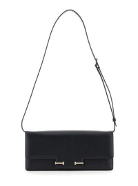 Black Crossbody Bag With Adjustable Shoulder Strap And T Plaque Closure In Grained Leather Woman