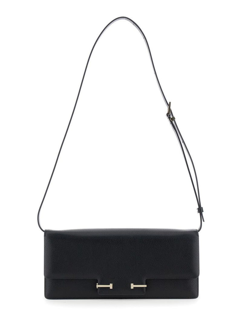 Black Crossbody Bag With Adjustable Shoulder Strap And T Plaque Closure In Grained Leather Woman