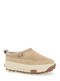'Venture Daze' Beige Mules With Decorative Stitching And Side Logo Patch In Suede Man