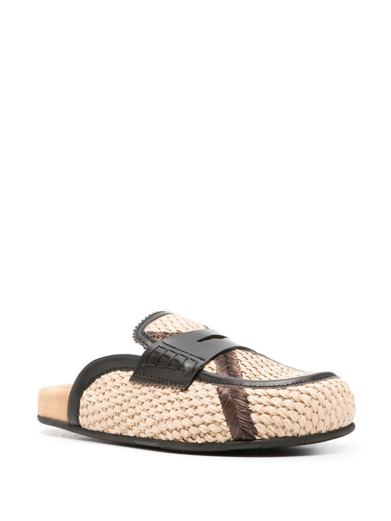College Leather-Trim Raffia Mules