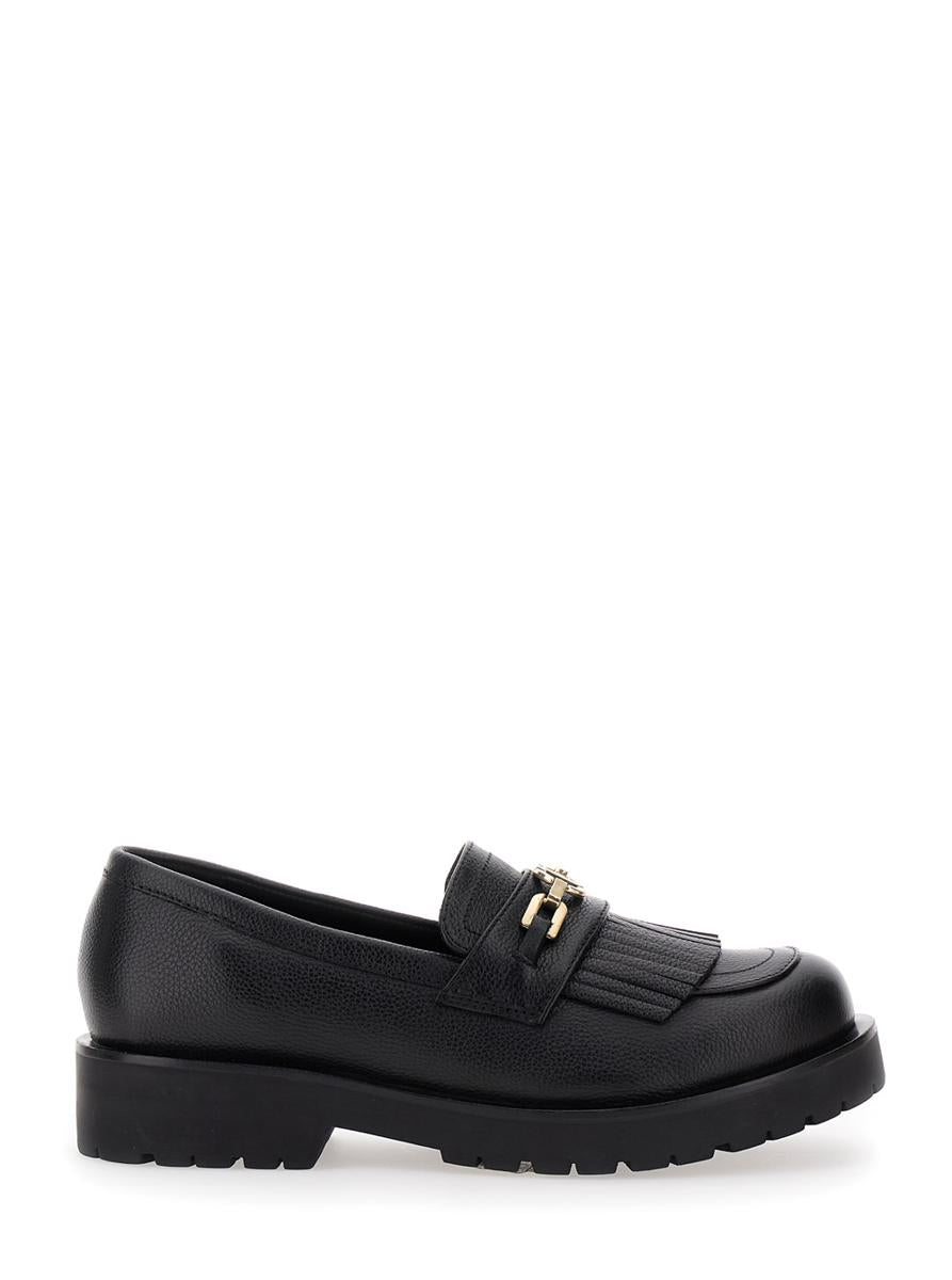 Black Loafers With Platform And Metallic Logo In Leather Woman