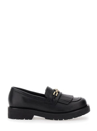 Black Loafers With Platform And Metallic Logo In Leather Woman
