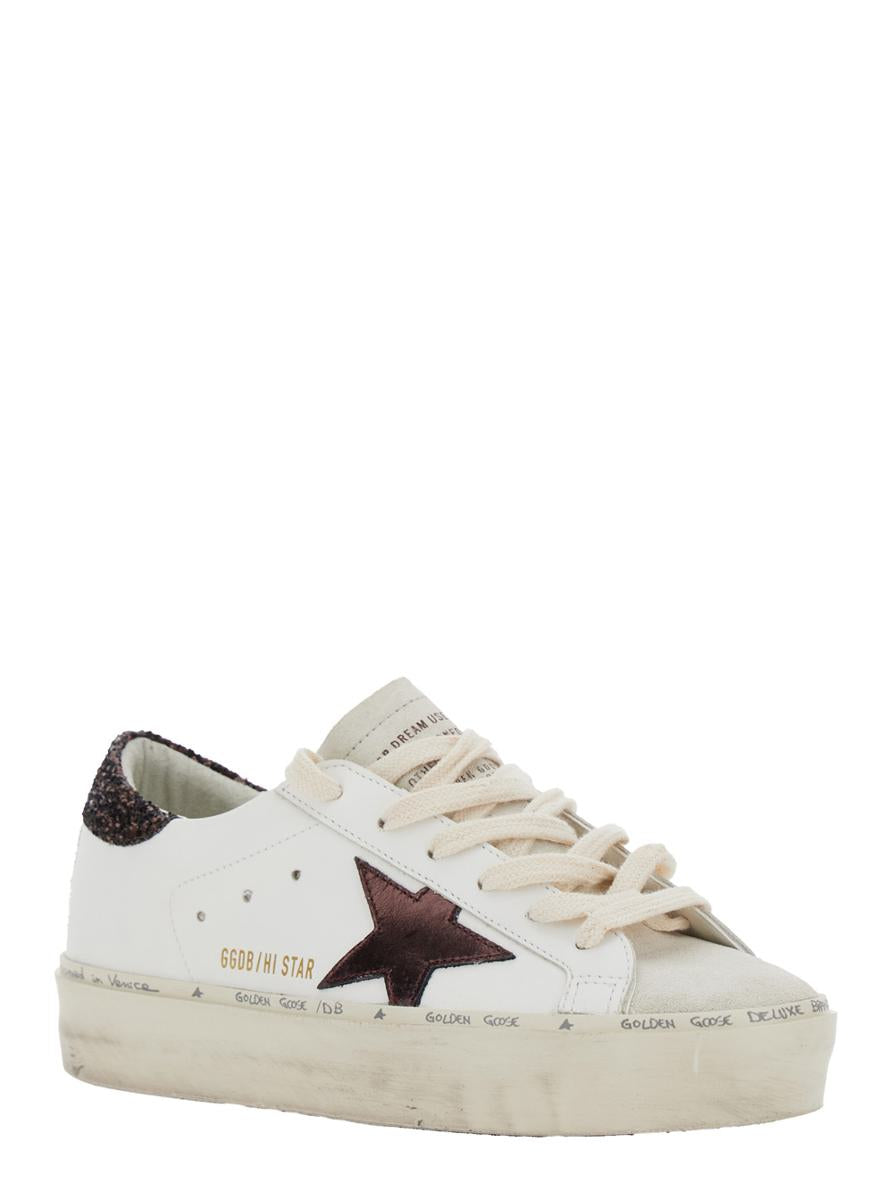 'Hi Star' White Low Top Sneakers With Glitter Star Patch And Platform In Leather Woman