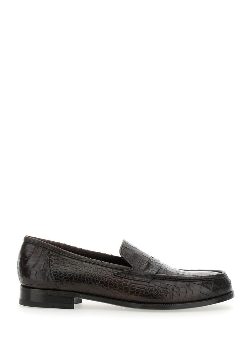 'Luisiana' Brown Loafers With Embossed Crocodile Effect In Leather Man