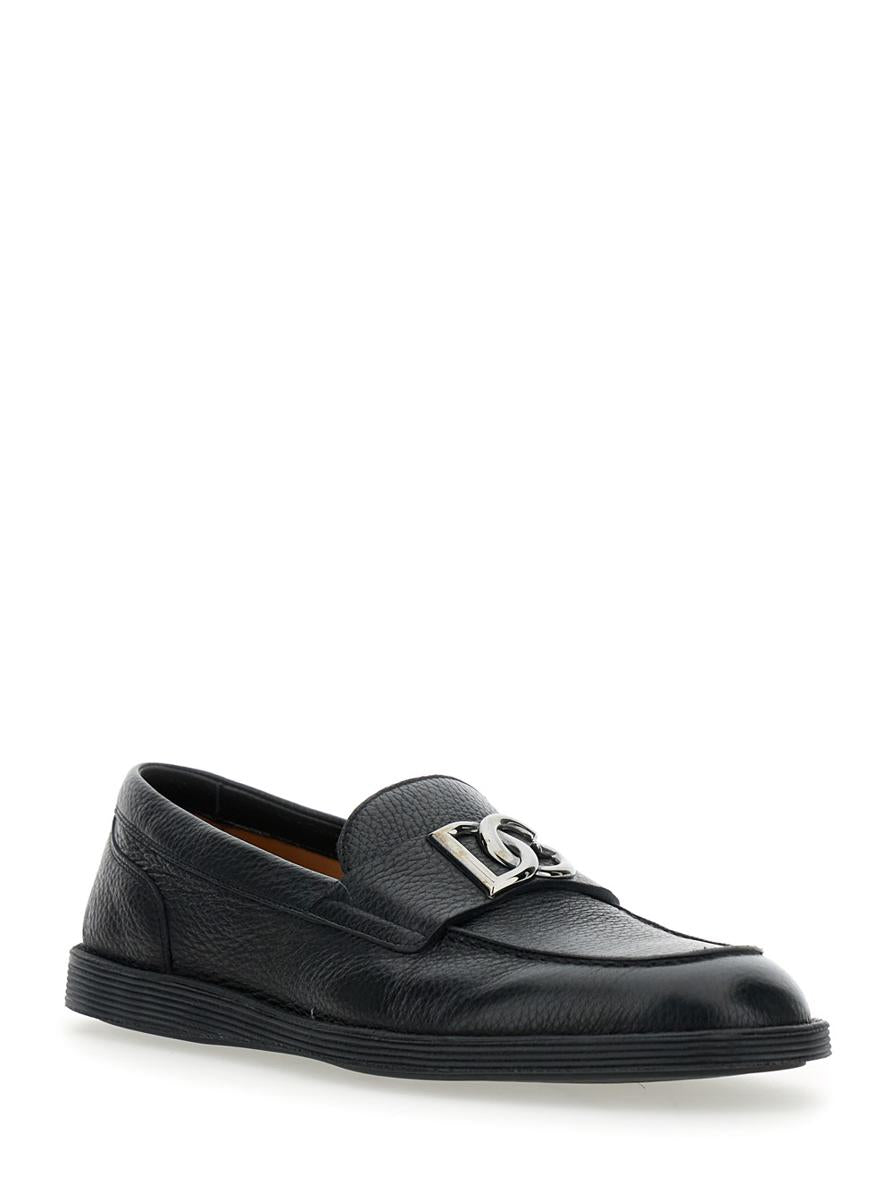 'Florio' Black Loafers With Dg Plaque On The Front In Grained Leather Man