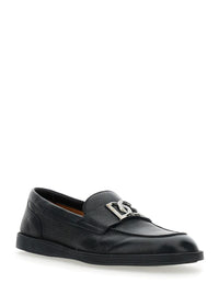 'Florio' Black Loafers With Dg Plaque On The Front In Grained Leather Man